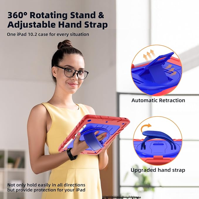 Case for iPad 9th/8th/7th Generation-Built-in Screen Protectorwith Pencil Holder&amp360°Rotating Hand StrapShoulder StrapCase for iPad 10.2 inch 2021-2019(Black)