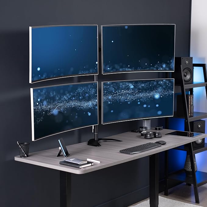 VIVO Premium Quad Ultra Wide LCD LED 27 to 38 inch Monitor Desk Stand, Free-Standing Base, Extra Tall Pole, Adjustable Telescoping Arms, Flush Wall Setup, Fits 4 Screens, Black, STAND-TS38B-4