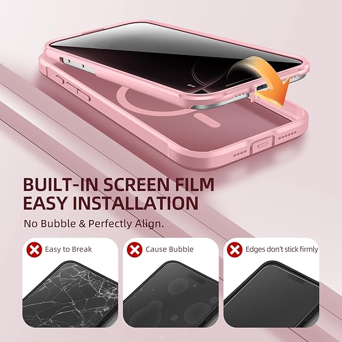 BERFY Magnetic for iPhone 16 Pro Case, Compatible with MagSafe, Built-in Privacy Screen Protector and Upgraded Camera Protection, Anti-Spy Full Body Shockproof Phone Case for 16 Pro 6.3", Pink