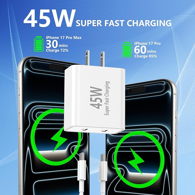 45W Dual USB-C Fast Charger 2-Pack &amp 4 Extra Long Cables for iPhone/Samsung | 4 Extra Long Type C to C Cables (3/6/10/10FT). Fits iPhone 17/16/15 Pro Max Galaxy S25/S24 Ultra iPad &amp Pixel