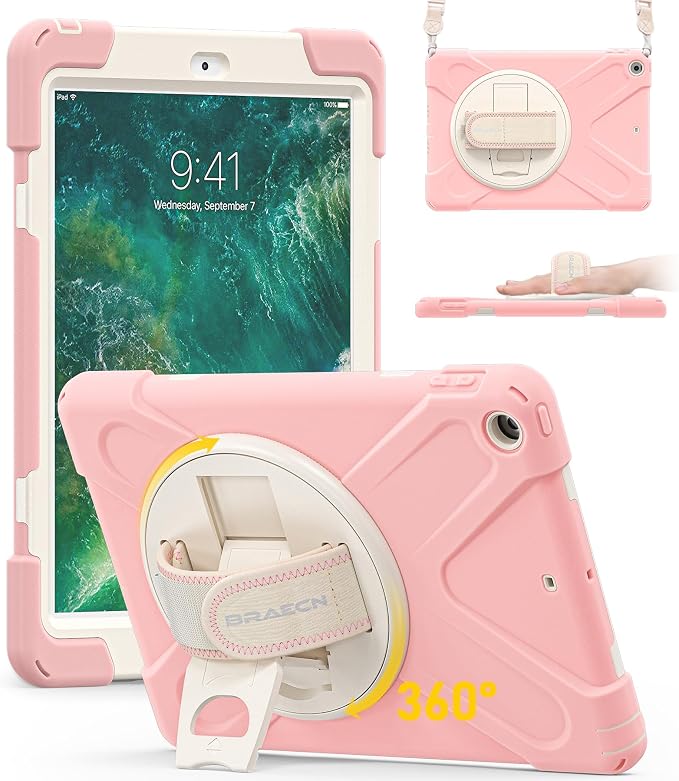 BRAECN Case for iPad 6th/5th Generation - 9.7 inch 2018/2017 Black | Protective Heavy Duty Shockproof Rugged Cover for Kids/Adults 360° Rotating Hand Strap/Stand &amp Detachable Shoulder Strap