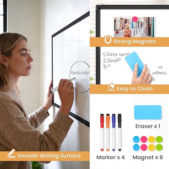Double Sided Magnetic White Board, 24"x18" Dry Erase Whiteboard for Wall with Aluminum Frame Presentation Board for School, Office and Home
