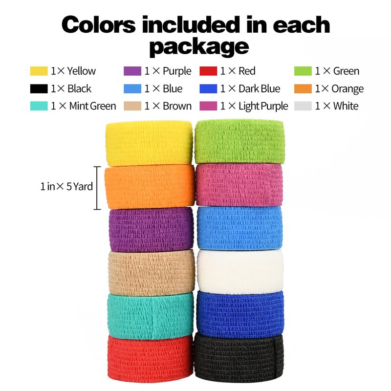 12pcs Self Adhesive Bandage Wraps, 1in 5 Yards, Multicolor