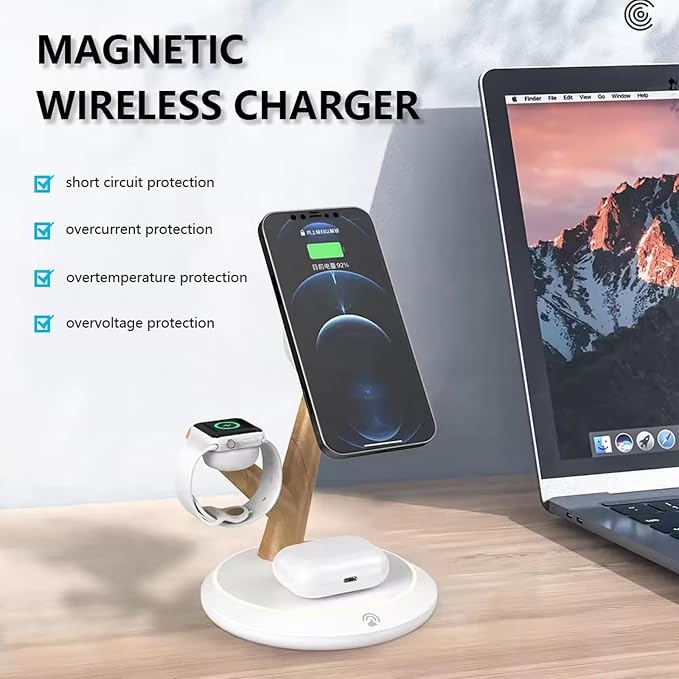 3 in 1 Wireless Charger Stand Desktop Charging Station - 15W Magnetically Attached Charging Pad Automatic Induction Identification Charging with Qi-CertifiedA