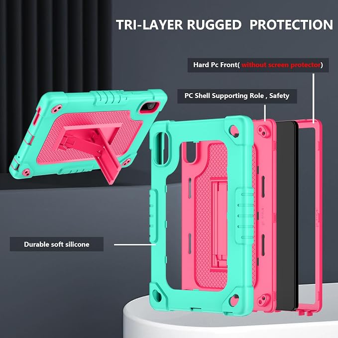 Case for Nook 9 Lenovo Tablet (2024)/Lenovo Tab M9 TB-310FU 2023 Heavy Duty Built in Stand Hard Back Shell Protective Case with Shoulder Strap for Lenovo Tab M9/Nook 9 Tablet (Green+Pink)
