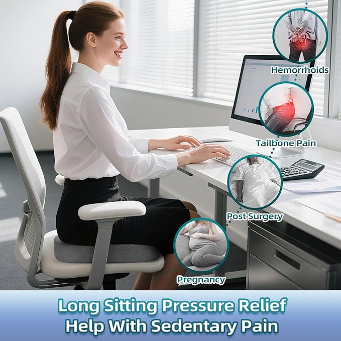 Seat Cushion for Office Chair Memory Foam Coccyx Pain Relief Cushion Pillow for Back Support Non-Slip Seat Pad for Office Desk (Grey)