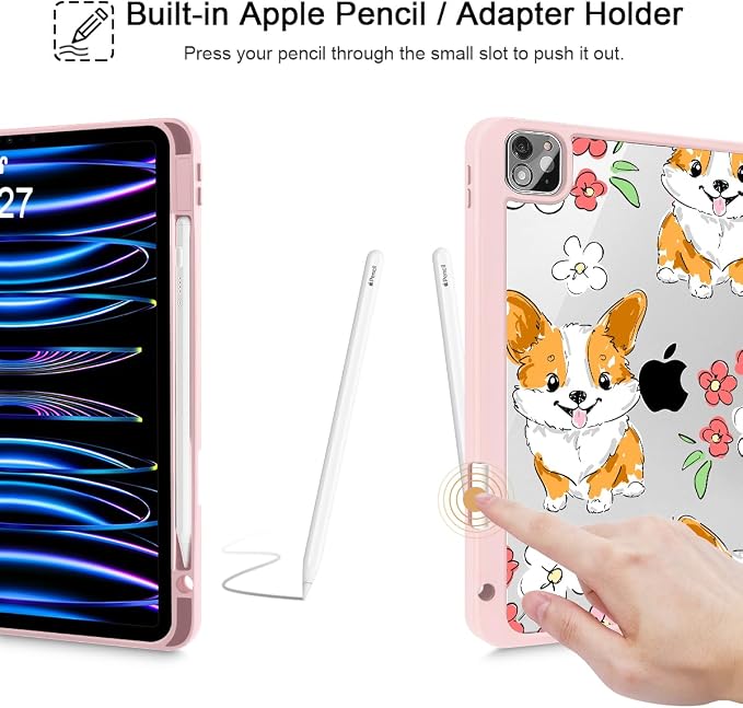 May Chen Case for iPad 12.9 Inch (6th/5th/4th/3rd Generation 2022/2021/2020/2018) Pencel Holder + Trifold Support Auto Sleep/Wake Transparent Shockproof Back Cover Blue Bows
