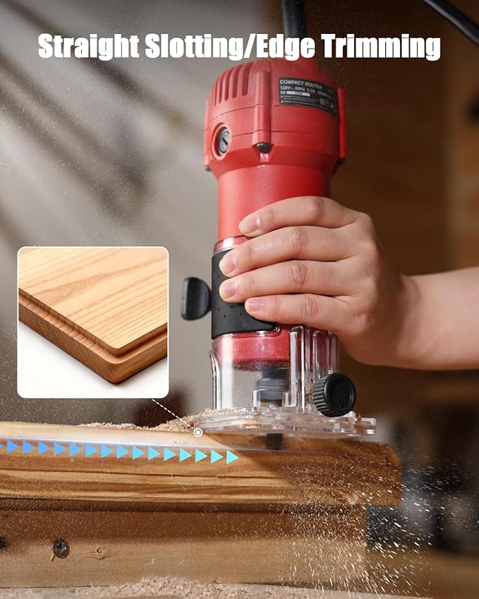 AVID POWER 630W 5.3 Amp Wood Router Tool with Fixed Base Compact Router for Woodworking, 35,000 RPM, 1/4” collet & 5 Trim Bits, Straight & Roller Guide, 2 Wrenches and Carbon Brushes
