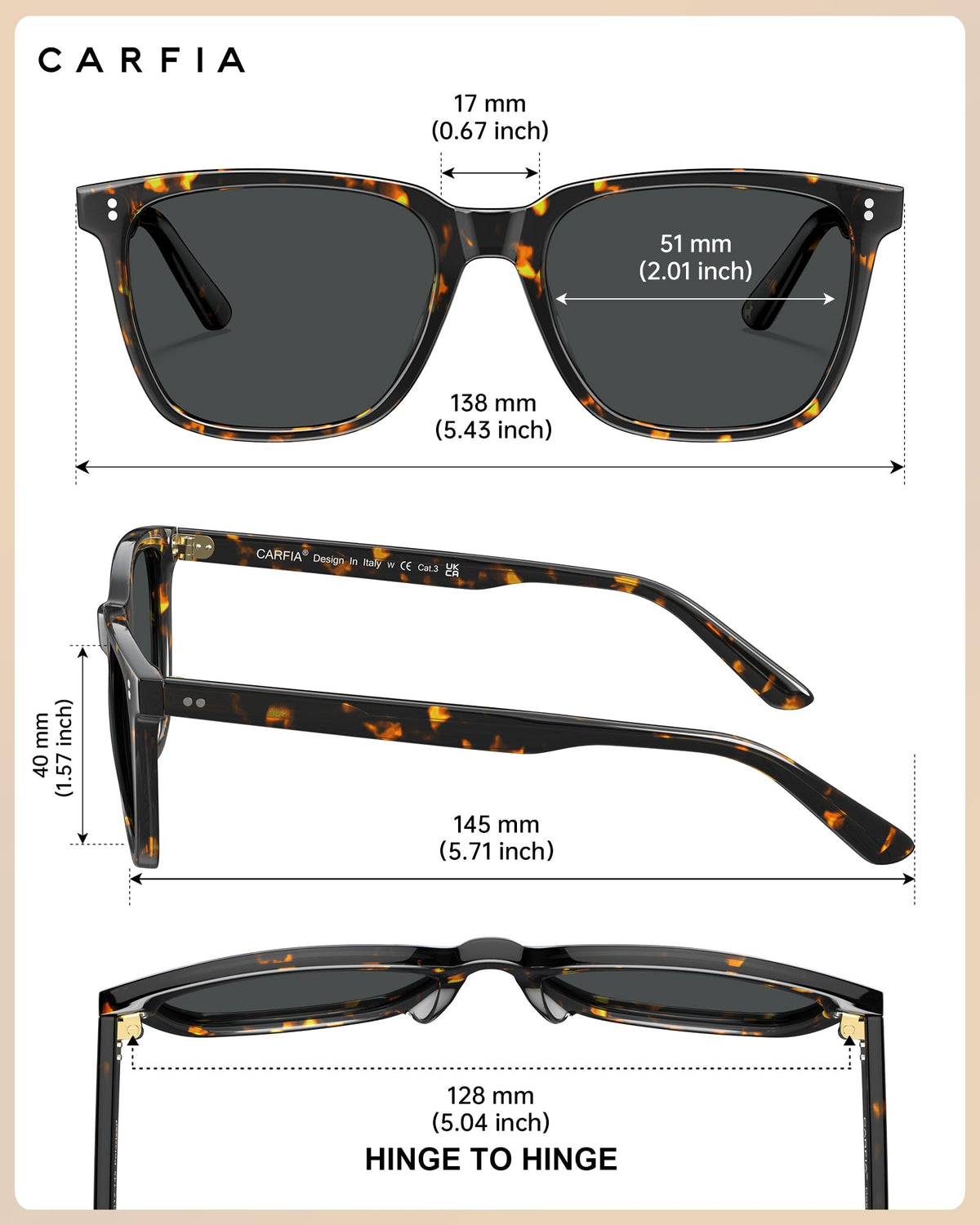 CARFIA Polarized Sunglasses for Women: Acetate, Small/Medium Size, UV400 Anti Glare CA5354