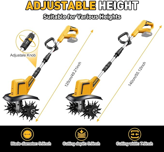 DEVONIC Cordless Electric Garden Tiller,330RPM Electric Garden Tiller, 8 in Tilling Width and 6 in Depth Garden Rototiller for Lawn/Gardening/Soil Cultivation (Without Battery)