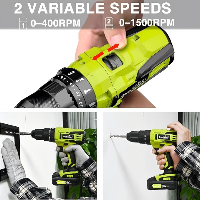 SnapFresh 20V Cordless Impact Drill-1/2" Power Drill/Driver Set,445in-lbs Torque Max,2 Variable Speeds, 43Pcs Bits w/case,2.0Ah Battery & Fast Charger Included, Power Tools