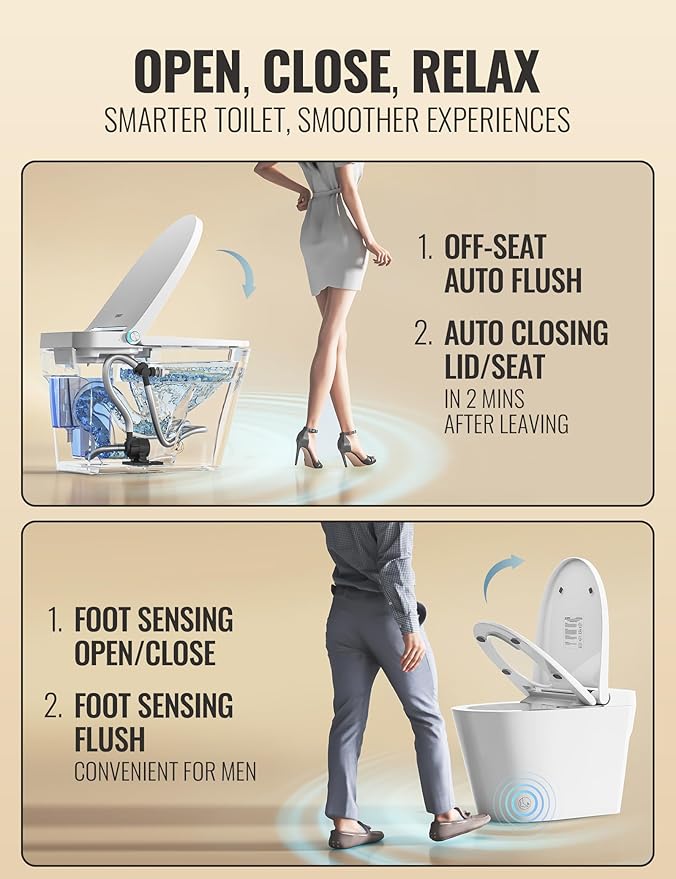 Luoware Smart Toilet with Bidet Built in, Luxury One Piece Elongated Bidet Toilet, Auto Open/Close/Flush, Foot Sensor Operation, Built-in Tank & Booster Pump, Heated Seat, Massage Wash, Night Light