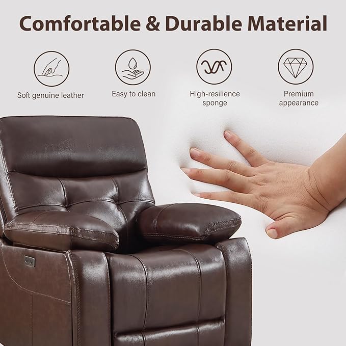CANMOV Genuine Leather Power Recliner Sofa Set, Power Recliner Chair and Loveseat Set, 2 Pieces Leather Couch with Storage Console, USB Ports, Cup Holders for Living Room,Dark Brown