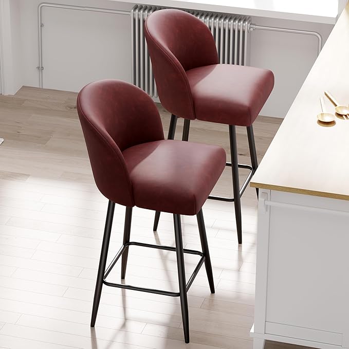 Counter Height Bar Stools Set of 2,360° Swivel Barstools with High Back and Metal Legs,26" Seat Height, Upholstered PU Leather Bar Chairs for Kitchen Island, Dining Room,Cafes,Red