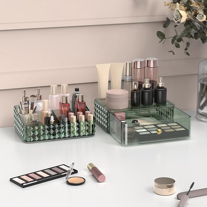 Makeup Organizer for Vanity, Stackable Cosmetics Organizer and Storage, Cosmetic Display Cases with 1 Drawers and 1 Tray for Makeup Brush, Hair Accessories, Lipstick and Jewelry, Green