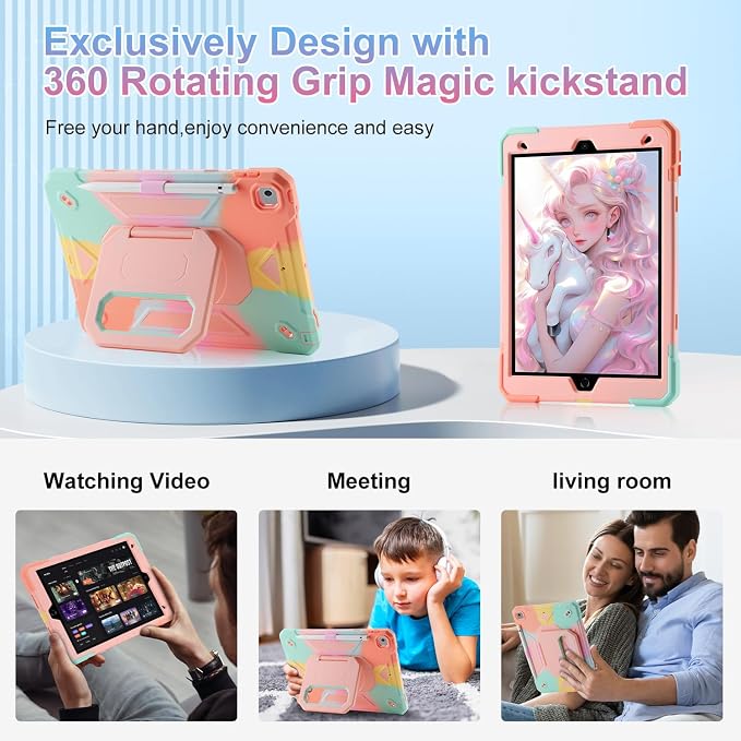 for iPad (A16) 11th Generation Case 11 Inch 2025/ iPad 10th Generation Case 10.9 Inch 2022 with 360 Rotating Grip Magic StandPencil Slot/Key Chain/Carrying Shoulder Strap Cover for iPad 10th Gen