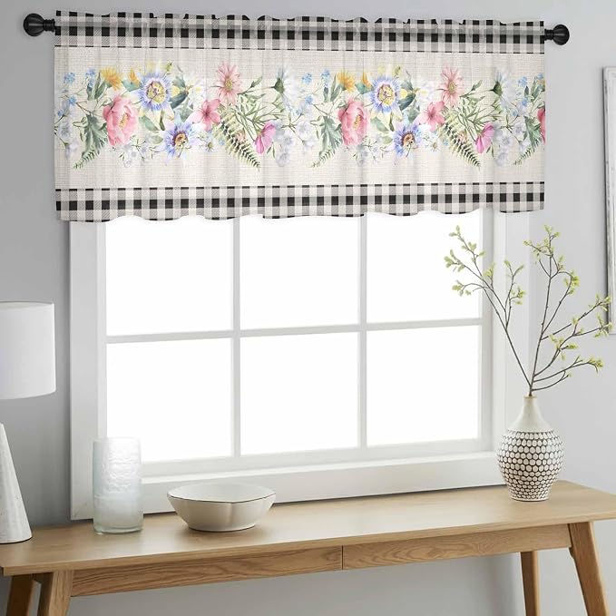 Blue Pink Floral Sheer Valance Curtains, Spring Summer Botanical Linen Black