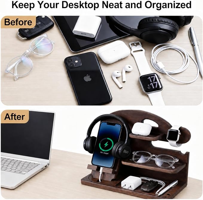 Wooden Phone Docking Station for Men Solid Wood Nightstand &amp Desk Organizer Ideal Gift for Dad and Husband