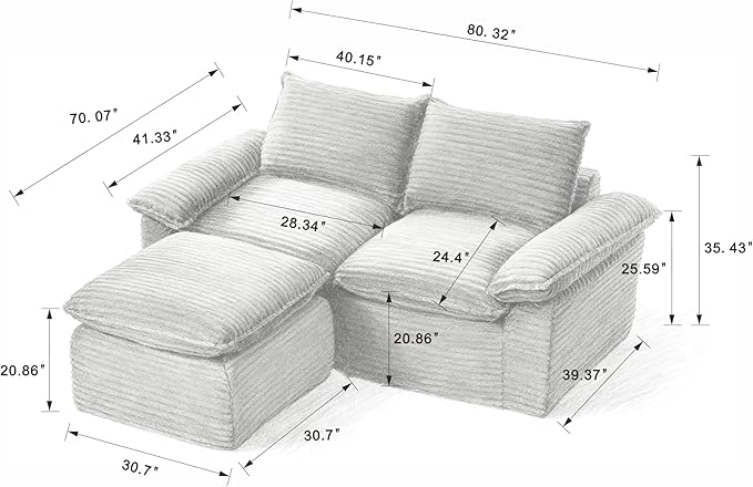 80" Cloud Sectional Couch with L-Shaped Chaise, Corduroy Sectional Sofa with Ottoman, Boneless Couch with Deep Seat in a Box for Living Room, No Assembly Required (Black)