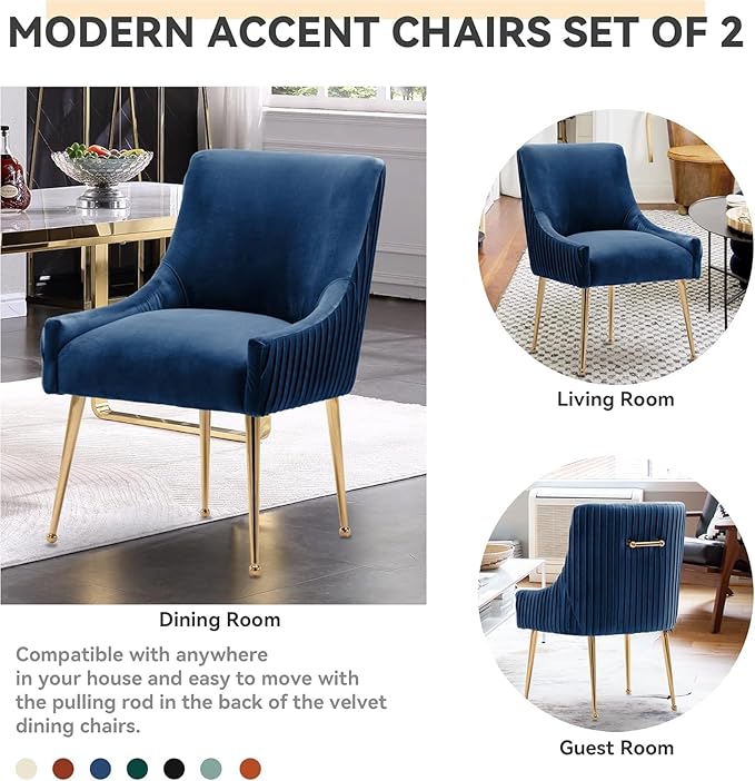 Dining Chairs, Accent Chairs Set of 8, Modern Upholstered Kitchen Dining Chairs with Gold Legs, Fabric Tufted Velvet Living Room Chairs for Reception Room Bedroom Kitchen(Navy Blue)