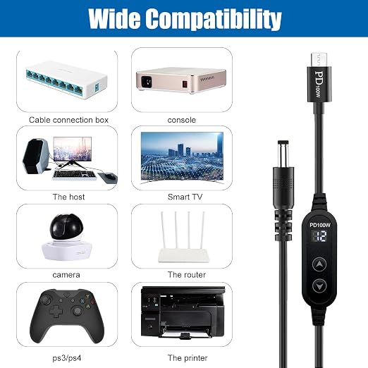 100W USB C to DC Charger Barrel PD Trigger Cable with 8 DC Conversion Heads and LED Display Screen DC 5V/9V/12V/15V/20V to DC Adapter Cable for Netbook Tablets Led Light Routers (3.9ft)