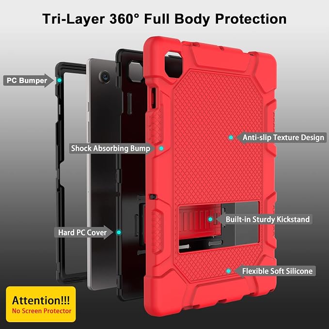 Galaxy Tab A8 10.5 Case with Kickstand Hybrid Shockproof Rugged Cover for Samsung A8 Tablet Case 10.5 Inch (SM-X200/X205/X207) Red+Black