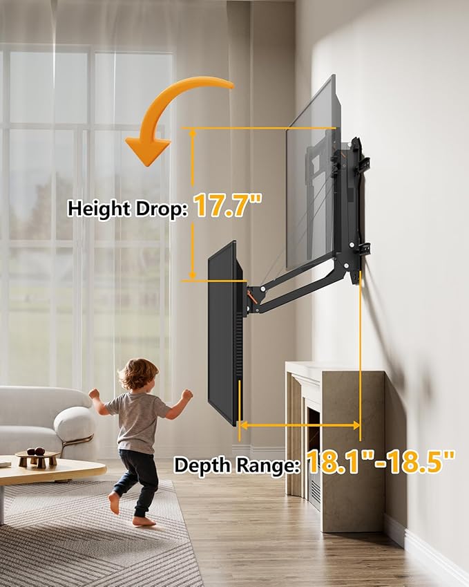 FORGING MOUNT Motorized Fireplace Pull Down TV Mount with Remote for 32-85" TVs, Electric Above Fireplace TV Wall Mount with Height Adjustable, Swivel,Tilt, Holds 88 lbs Max VESA 600x400