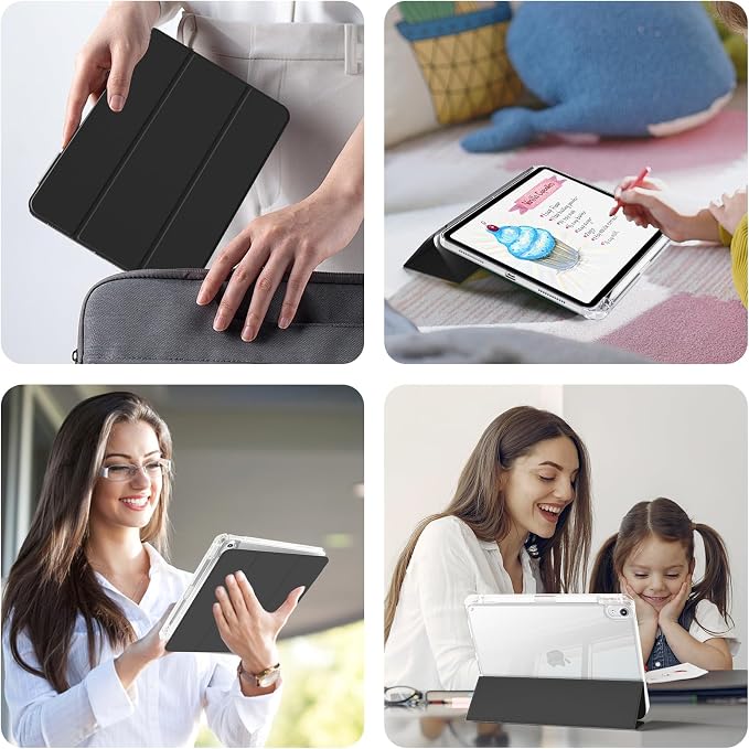 Case for iPad Air 11 Inch M4/M3/M2 Air 5th/4th Gen 10.9 Black | Pencil Holder Slim Trifold Stand Cover Clear Hard Back Shell Auto Sleep/Wake