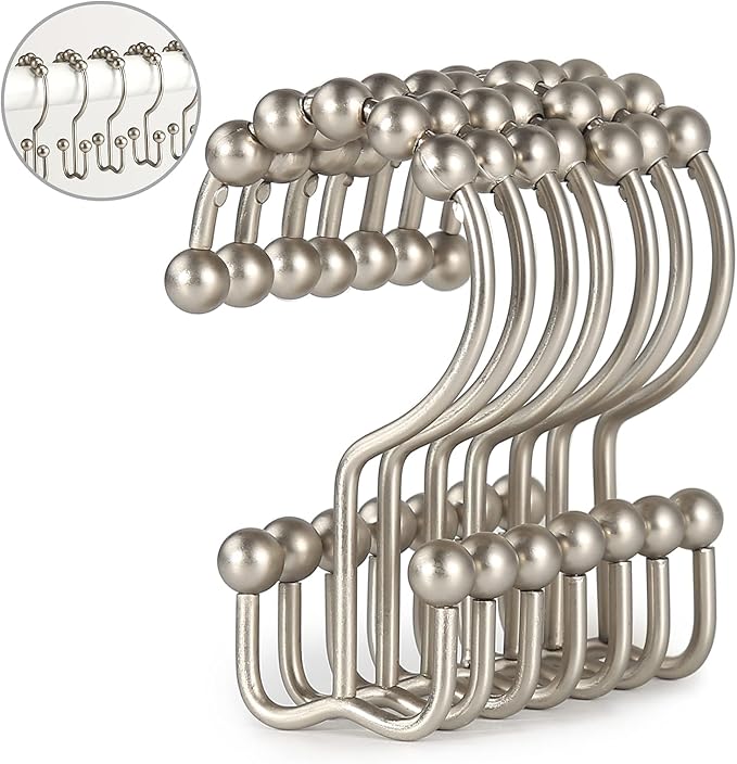Shower Curtain Hooks, Goowin Shower Curtain Rings, Stainless Steel Shower Curtain Hooks Rust Proof Free Sliding Double Shower Hooks for Curtain, Shower Curtains & Liners (Matte Nickel)