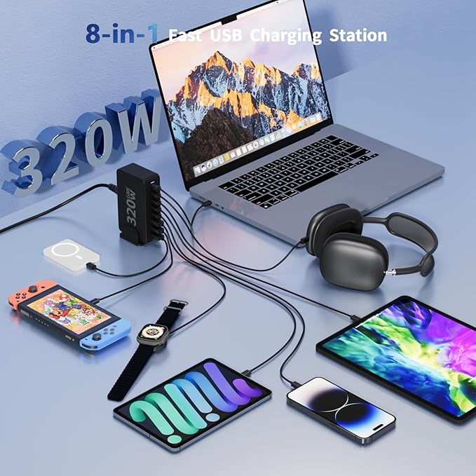 Upgrade USB C Desktop Charger, 320W 8-Port GaN III Fast Charging Station Hub 100W PD Laptop Charger with 5-Foot Cable for MacBook Pro/Air, Dell XPS, iPhone 17/16/15, Galaxy S25, iPad Pro/Air