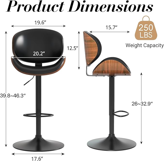 Adjustable Swivel Bar Stools Set of 4, Modern Bentwood Barstool with Large Metal Base and Footrest, PU Leather Upholstered Bar Chair with Curved Back for Kitchen Island Dining Room, Black