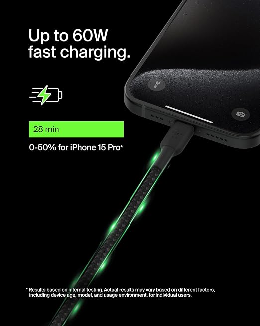 Belkin USB C to USB C Braided Cable 3.3ft iPhone Charger Cord | tangle-free braided cord iPhone 17/16 Samsung Galaxy S25 Pixel 9 MacBook iPad Pro Nintendo Switch 2 travel essential