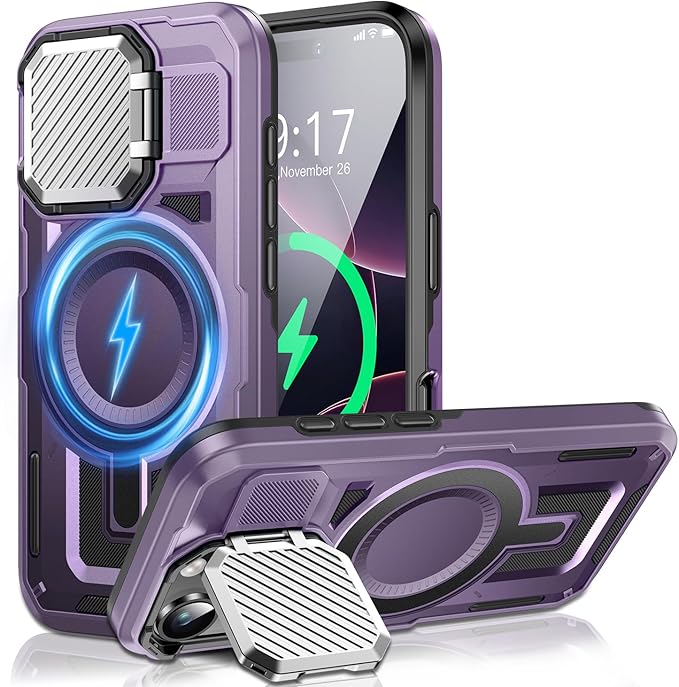 Camera Stand Case for iPhone 16 Pro Max, [Compatible with Mag Safe] [Lens Cover] 2024 Version Military Grade Protective Soft Case for iPhone 16 Pro Max 6.9 inch Men Women, Purple