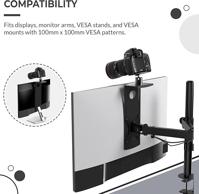 HumanCentric DSLR Monitor Mount Small, Desk Camera Mounting, Light Webcam, Microphone Shelf for Monitor VESA Arm, Replace Clamp Tripods, 100x100mm Patterns, Aluminum, Hardware Included