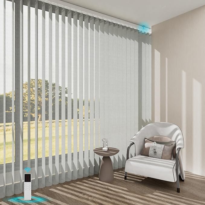 Blindify Motorized Sheer Vertical Blinds, Light Filtering Smart Rechargeable Vertical Window Blinds for Sliding Glass Door Customize(Linen Light Gray)