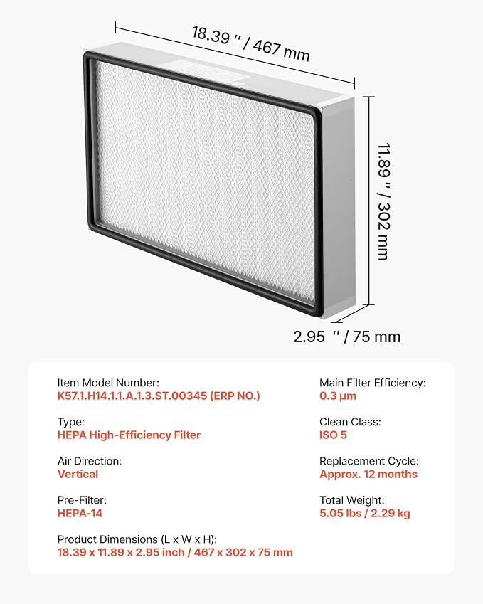 VEVOR Laminar Flow Hood Filter, 18.39 x 11.89 x 2.95 in, 1 Piece HEPA Filter