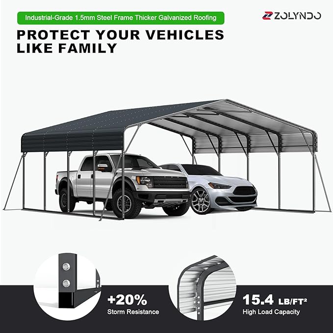 20x20FT 2 Car Metal Carport Kits, Heavy Duty Two Car Ports on Clearance with Galvanized Metal Roof, Outdoor Garage Double Car Shelter Shade for Car, Boats and Truck (Dark Gray)