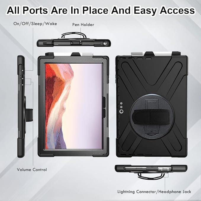Case for Samsung Galaxy Tab S10 Lite/S10 FE/S9 FE/Tab S9/S8/S7 5G 10.9/11 Inch Heavy Duty Full-Body Shockproof Drop Protective Cover with 360° Rotating Handle Stand Hand/Shoulder Strap Black