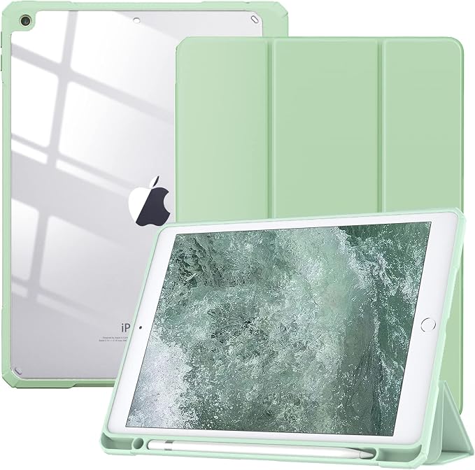 TiMOVO Case for iPad 9th/8th/7th Generation 10.2 inch Black | Pencil Holder Slim Trifold Stand Protective Cover Clear Transparent Back Shell Auto Wake/Sleep