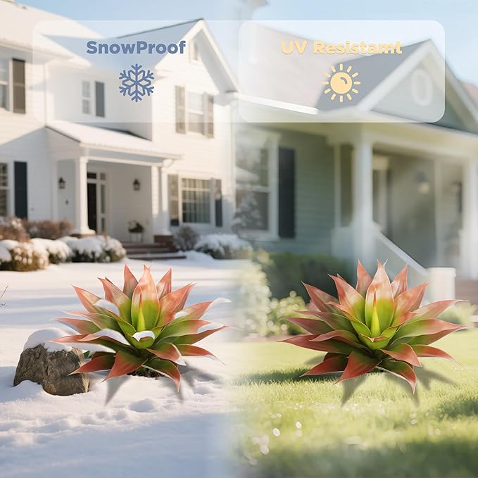 24 Inch Red Artificial Agave Plant with Ground Stake, Realistic Faux Succulents for Home Decor, UV-Resistant Fake Agave Plant for Indoor Outdoor Planters, Porch, Patio, Balcony, Poolside, 2 Pack