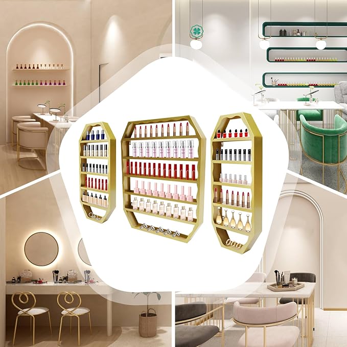 Metal Nail Polish Storage Rack, Wall Mounted Cosmetic Display Case, Lipstick Shelf, Essential Oil Organizer for Bottles, Spa Nail Salon (Gold)