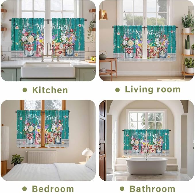 Spring Flowers Tier Curtains, Farmhouse Watercolor Teal Wood Grain Light