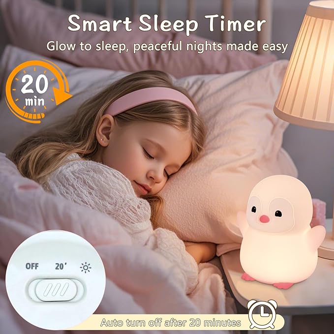 Pink Penguin Night Light,Soft Silicone Nursery Nightlight for Baby,LED Squishy Novelty Animal Bedside Lamp,Rechargeable/Dimmable/Timer,Room Decor, Cute Xmas Gifts for Kids/Girls/ Mom/ Grandma/ Teens