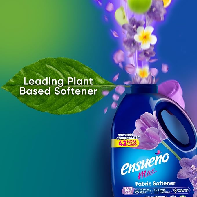Ensueño Max Liquid Fabric Softener - Violet Bouquet Scent - 125 fl oz - Color-Safe Fabric Softener Liquid - Softens 123 Loads - Reduces Wrinkles & Static