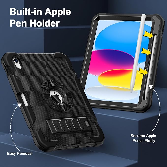 BLOSOMEET for iPad A16 Case 11th Generation 11 2025 &amp 10th Generation 10.9 Inch 2022 Heavy Duty Protective Rugged Cover with Built-in Pencil Holder &amp Kickstand for iPad 11/10th Gen Black