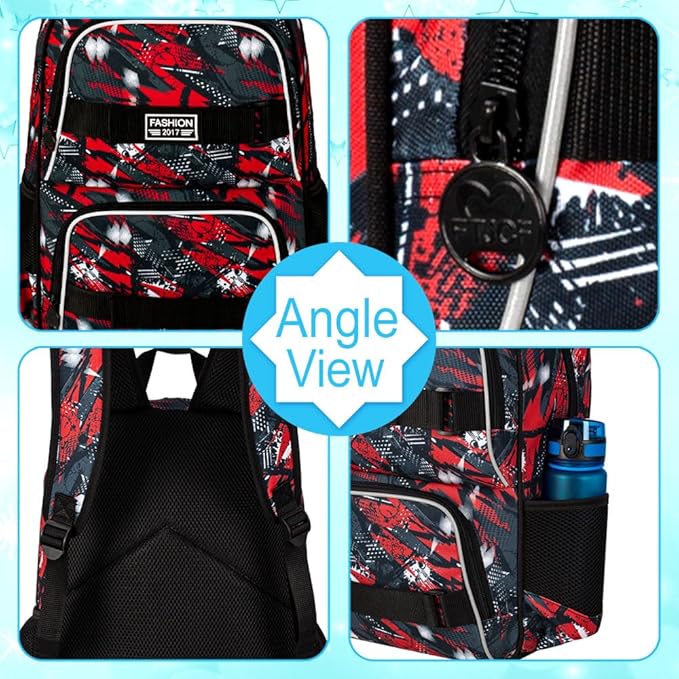 3PCS Backpacks for Boys, 17" Water Resistant Kids Bookbag with Lunch Box, Cute School Bag Set for College Teenagers High Middle Elementary - Graffiti Red