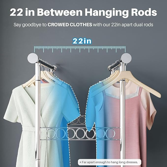 HOKEEPER Clothes Rack Heavy Duty Clothing Rack Load 650 LBS Collapsible Garment Rack with Wheels Double Rod Clothes Rack for Hanging Clothes Commercial Portable Closet Rack with Shelves 22"D*75"W*68"H