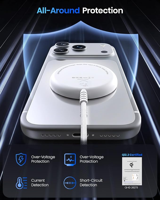 Magnetic Wireless Charger 5FT Qi2 25W Fast Charging Pad Compatible with MagSafe for iPhone Air/17e/17/16/15/14/13/12/Pro/Pro Max Series &amp AirPods 4/3/2/Pro &amp More (with 30W Adapter)