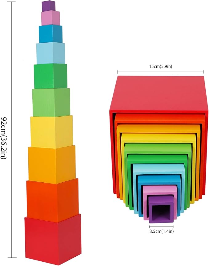 TOWO Wooden Stacking Boxes Rainbow Colours-Nesting and Sorting Cups Blocks for Toddlers-Stacking Cubes Educational Learning Toys for 2 Years Old Montessori Materials