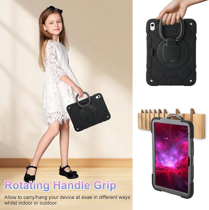 for iPad (A16) 11th Generation case 11''(2025)/10th Generation case 10.9''(2022)360°Rotatable Stand with [Pencil Holder&ampShoulder Strap] Heavy Duty Shockproof Protective Silicone Case (Black)
